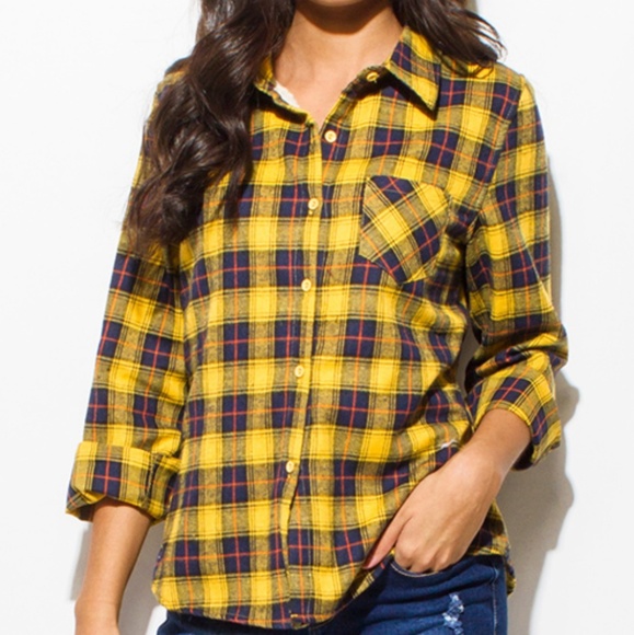 Checker plaid fleece lined button up flannel top - Picture 2 of 8